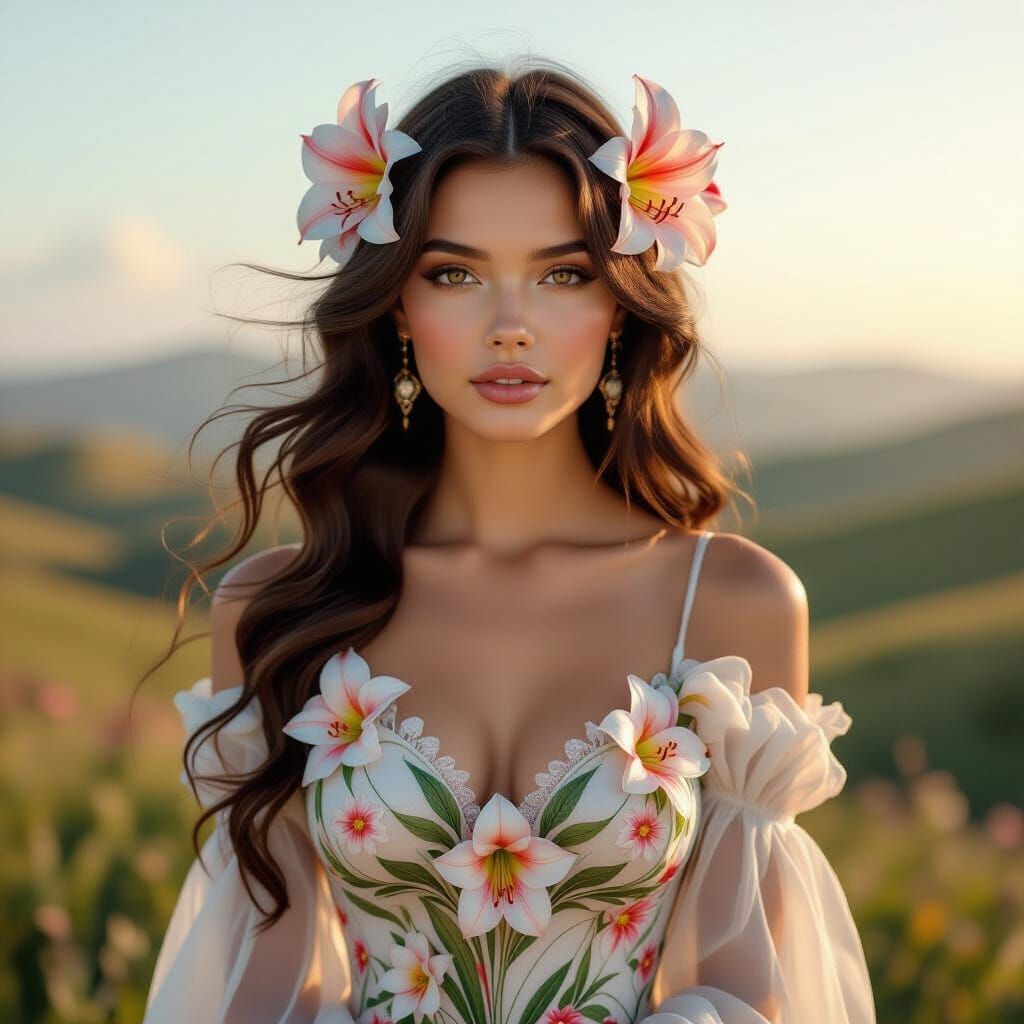 Woman with Amaryllis Hair in Art Nouveau Landscape