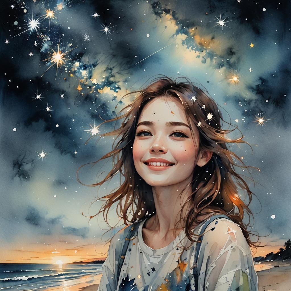 Girl Gazing at Starry Night in Watercolor
