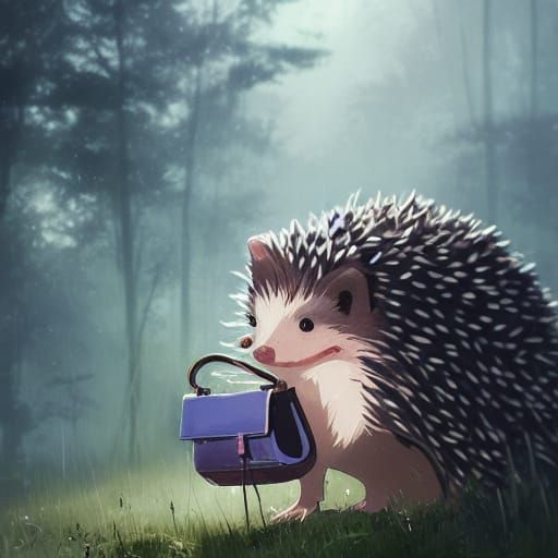 Cute Hedgehog with Purse, Ghibli-Inspired Dreamscape