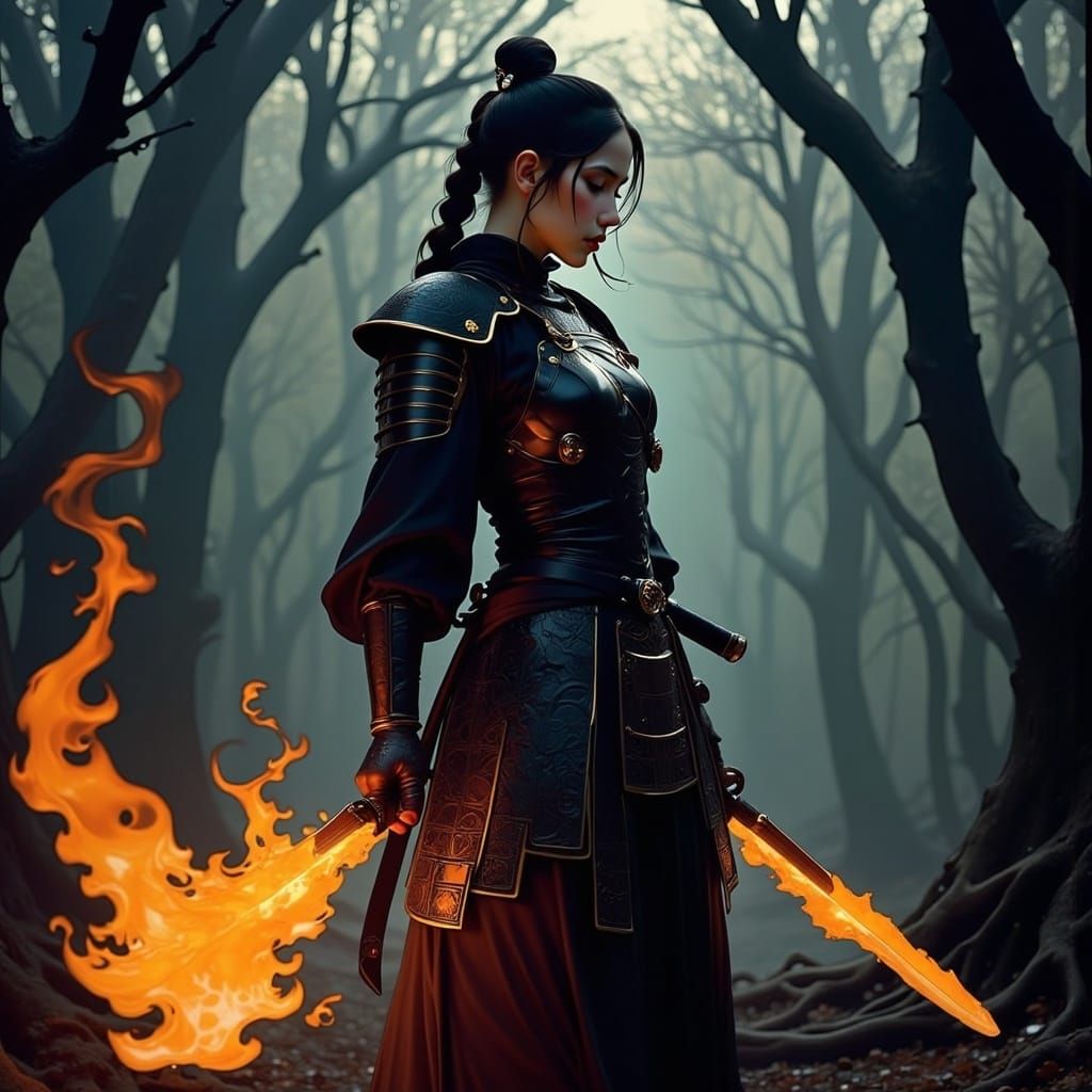 Fiery Samurai Warrior in Enchanted Forest