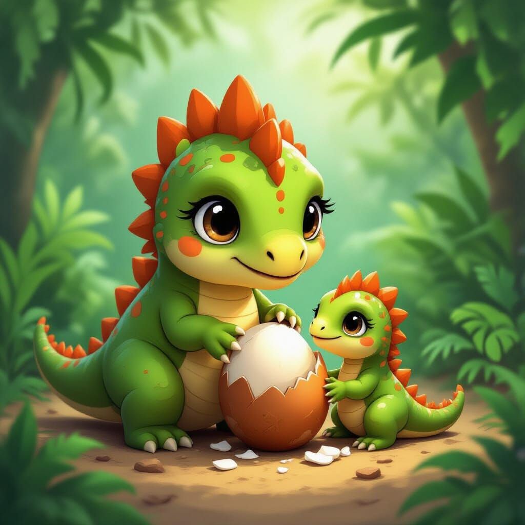 Dinosaur Hatching Egg in Jungle Landscape