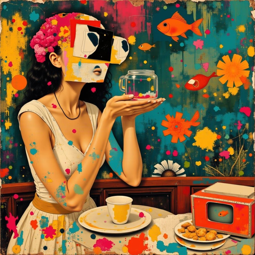 Surreal Retro Collage with Goldfish TV Head