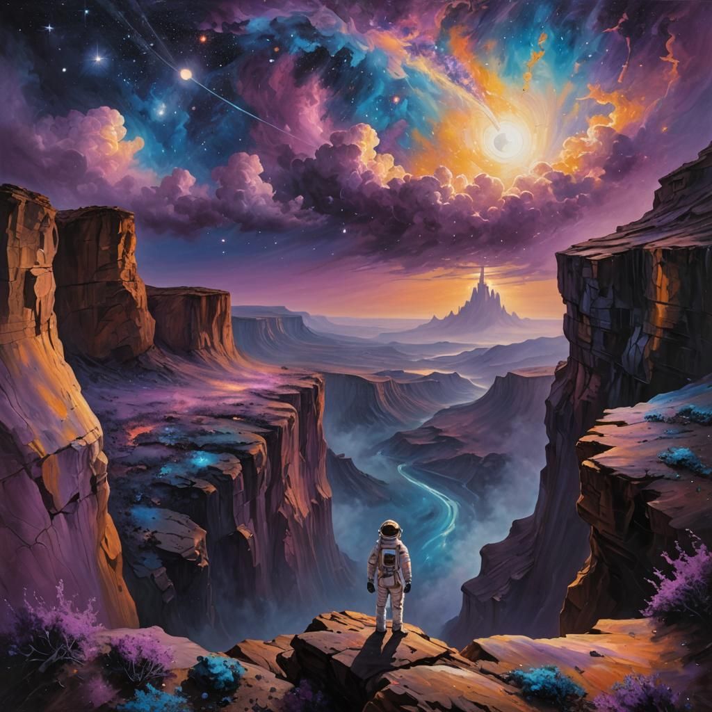 Astronaut Contemplates Galaxy in Surreal Oil Painting