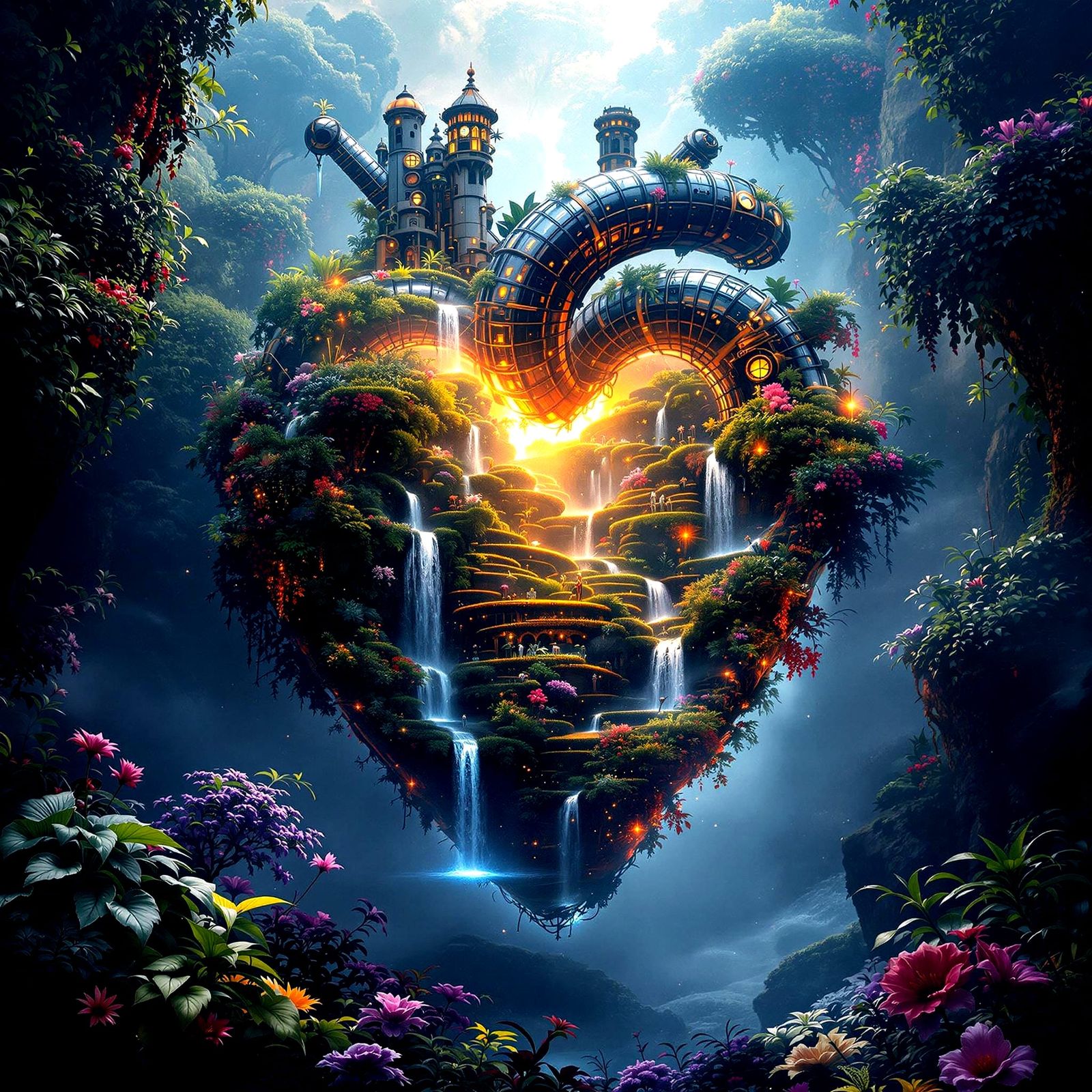 Steampunk Jungle Heart with Waterfalls