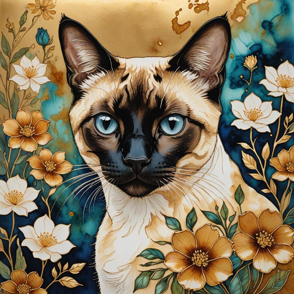 Exotic Siamese Cat Amidst Vibrant Floral Blooms in Golden Hu...