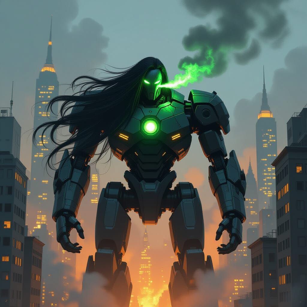 Menacing Robot Giant in Gritty Industrial Cityscape