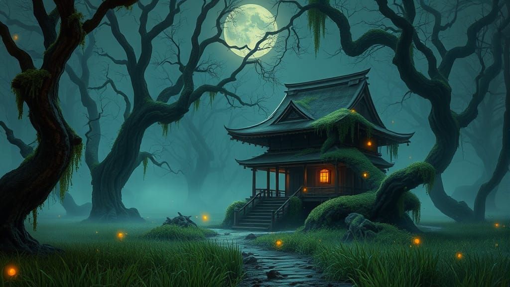 Mystical Swamp Forest Under Ethereal Moonlight with Ancient...