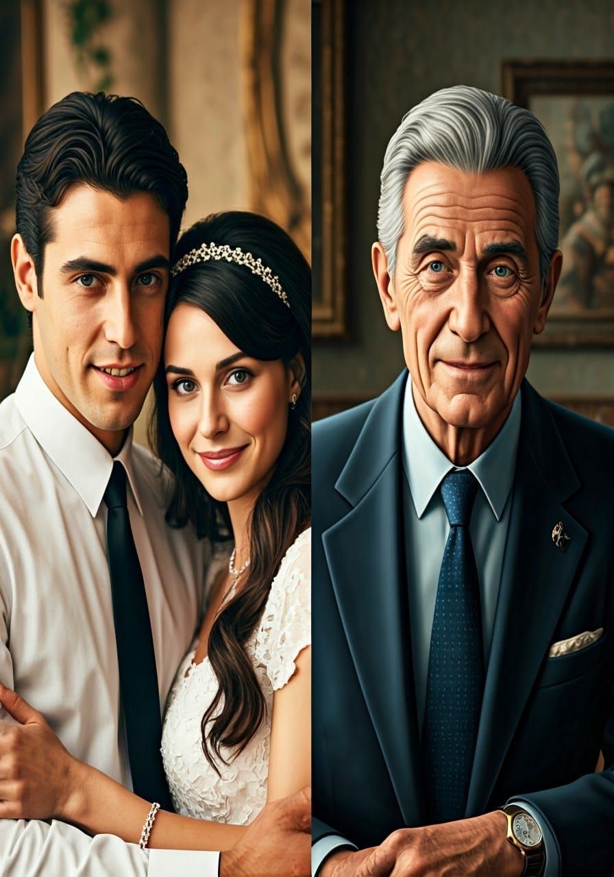 Side-by-Side Portraits of a Young Italian Couple and Their G...