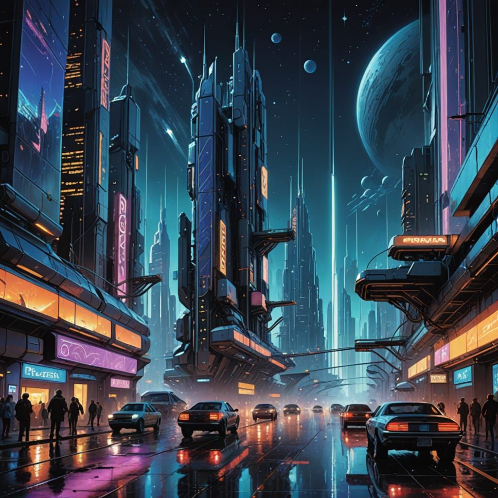 Futuristic Cyberpunk Cityscape with Nebulae Backdrop