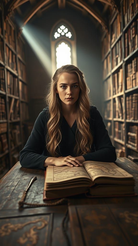 Medieval Princess in Library, Cinematic Overhead Shot