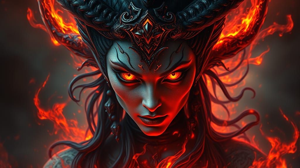 Ethereal Goddess of Hell in Fiery Ambiance