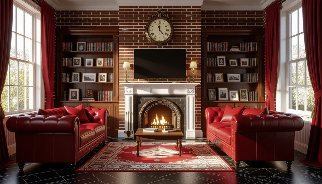 Vibrant Victorian Living Room with Leather Sofa and Fireplac...