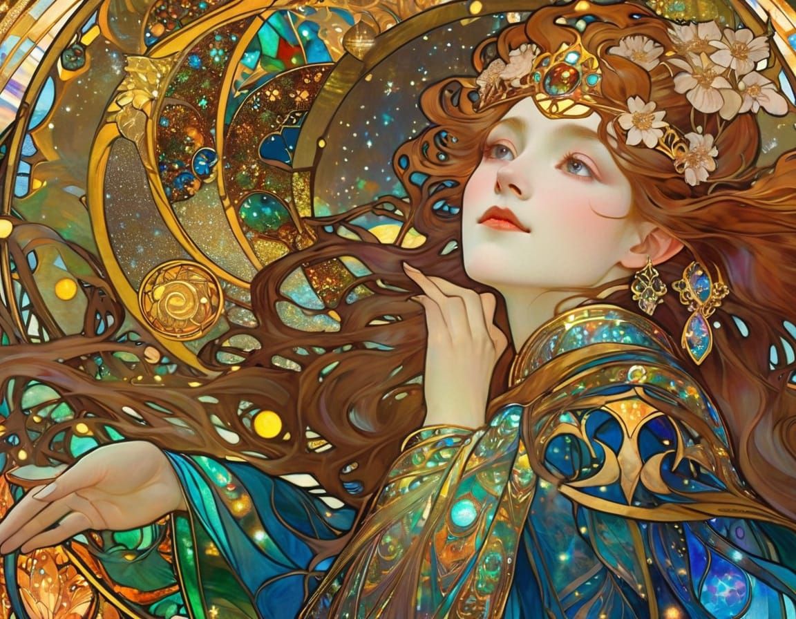 Ethereal Elven Princess in Cosmic Stained Glass
