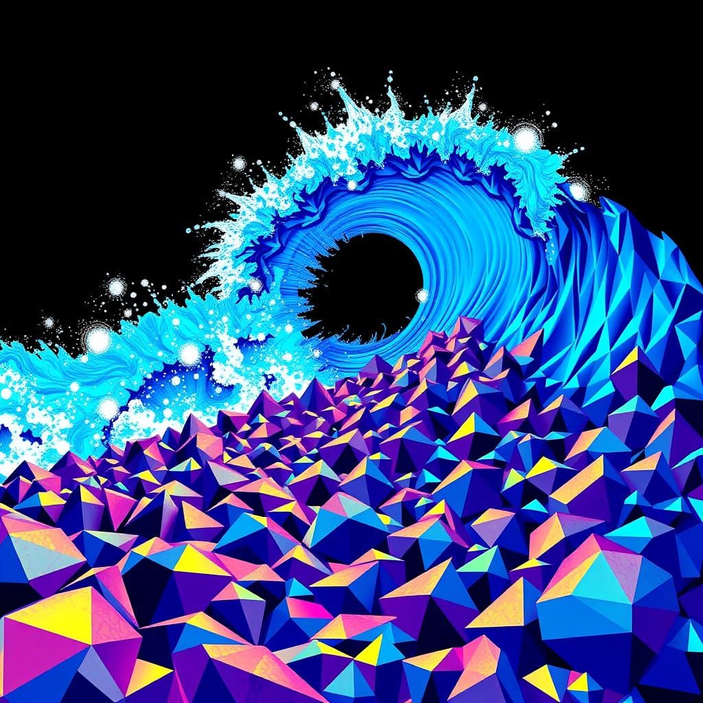 Electric Blue Fractal Wave Crashes on Geometric Shore