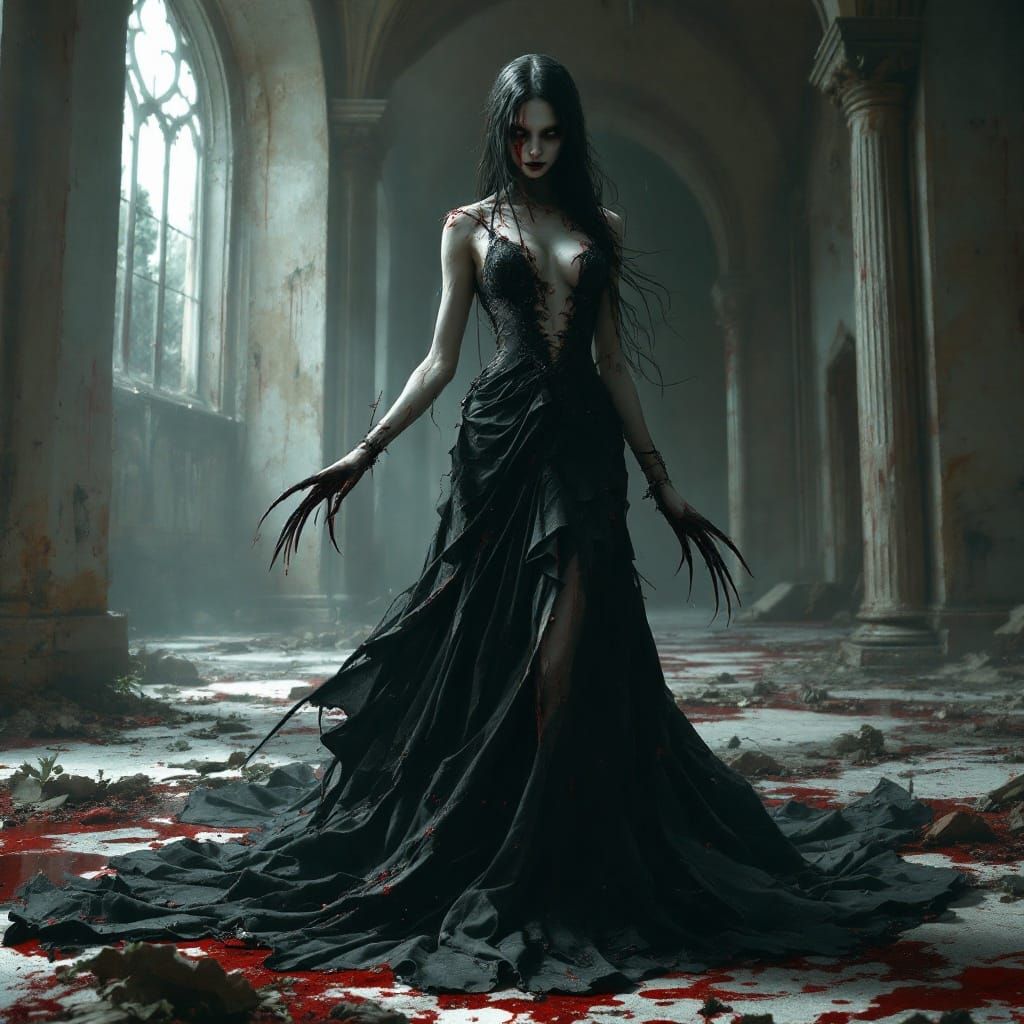 Elegant Eyeless Woman in Abandoned Castle, Detailed Matte Pa...