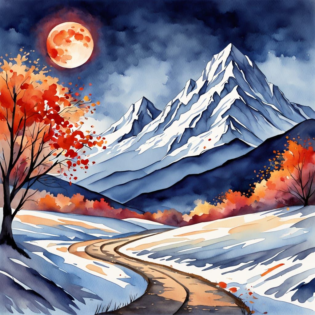 Snowy Mountain Path Under Red Moon in Autumn Watercolor
