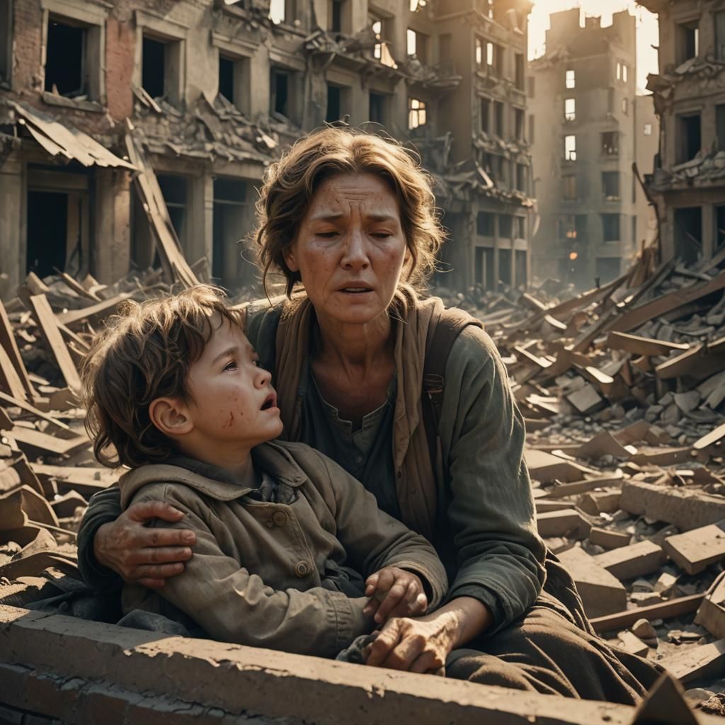 Mother's Lullaby in War-Torn City: Cinematic Still