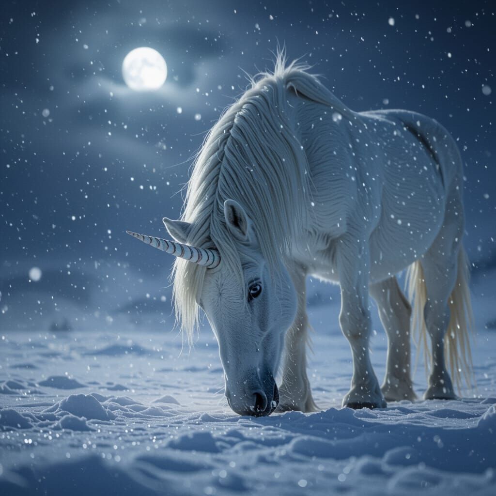 Majestic Unicorn in Snowy Forest at Sunset