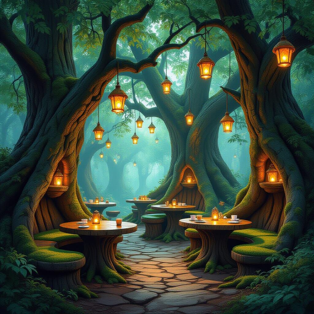 Hidden Forest Café with Glowing Runes and Fairy Lanterns
