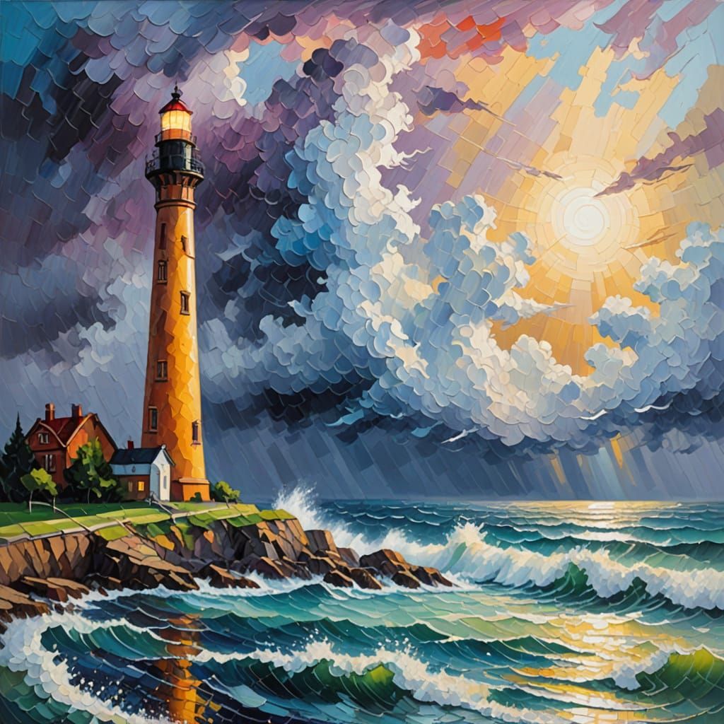 Lighthouse in Storm: Expressionist Impasto Oil Painting