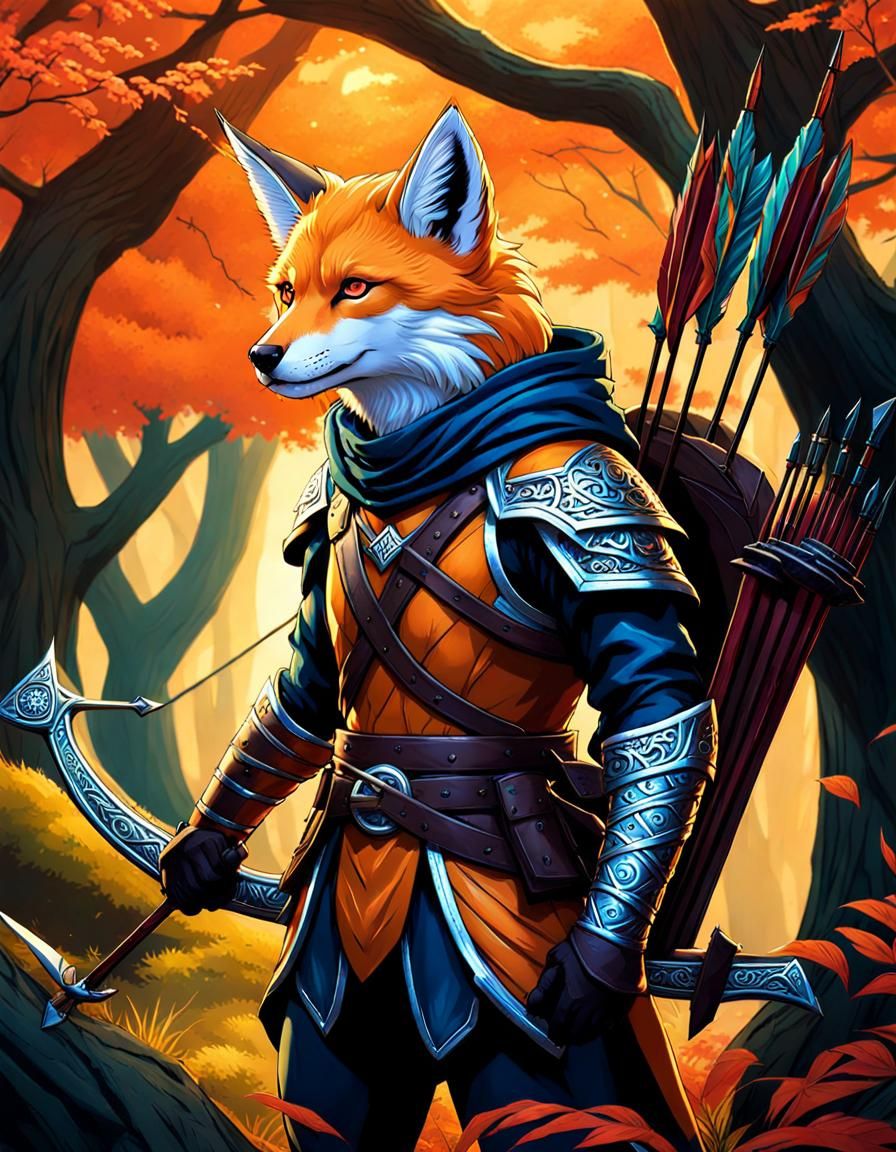 Detailed Kitsune Ranger in Forest at Twilight