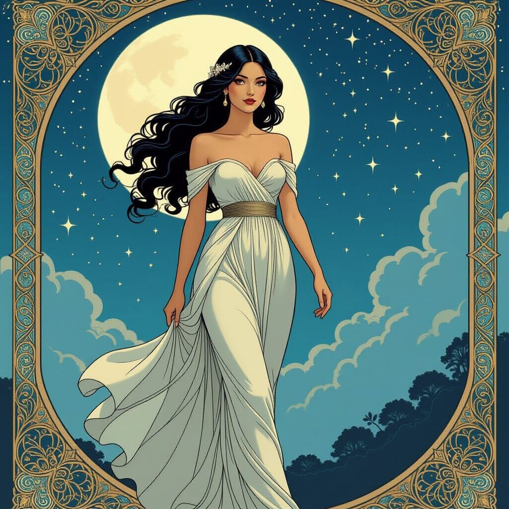 Elegant Woman Under Starry Sky in Art Nouveau Style