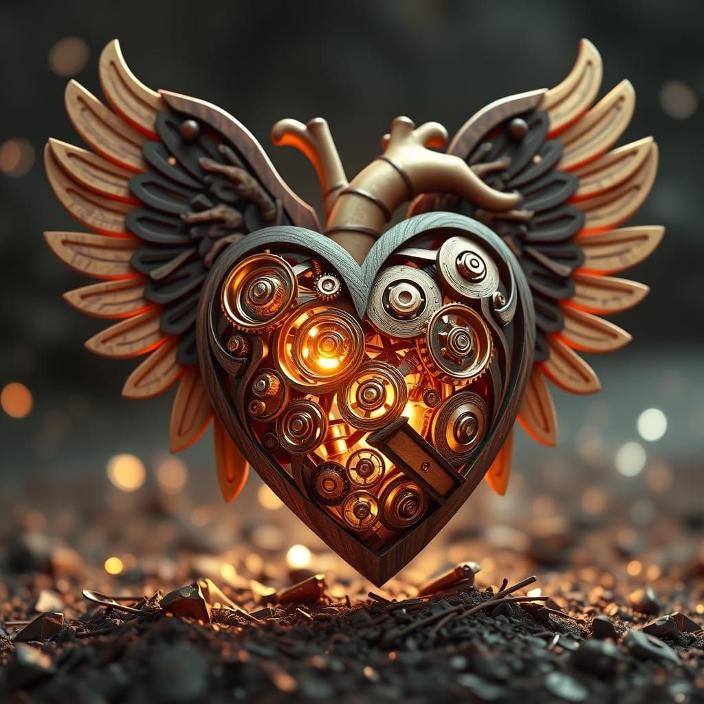 Winged Wooden Heart with Metallic Spirals in 8K