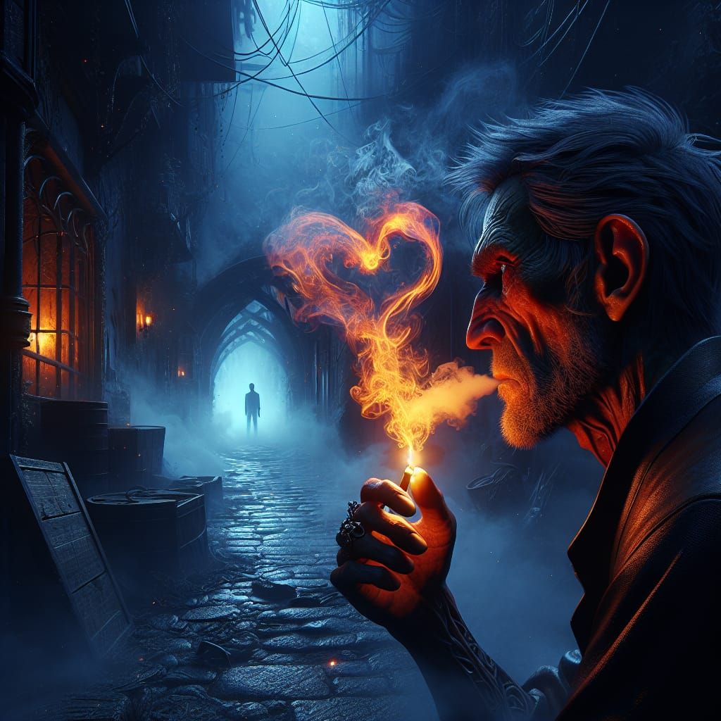 Smoker's Heart in Shadowy Alleyway: Fantasy Concept Art