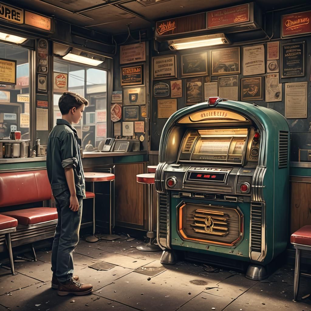Dieselpunk Boy and Jukebox in Abandoned Diner