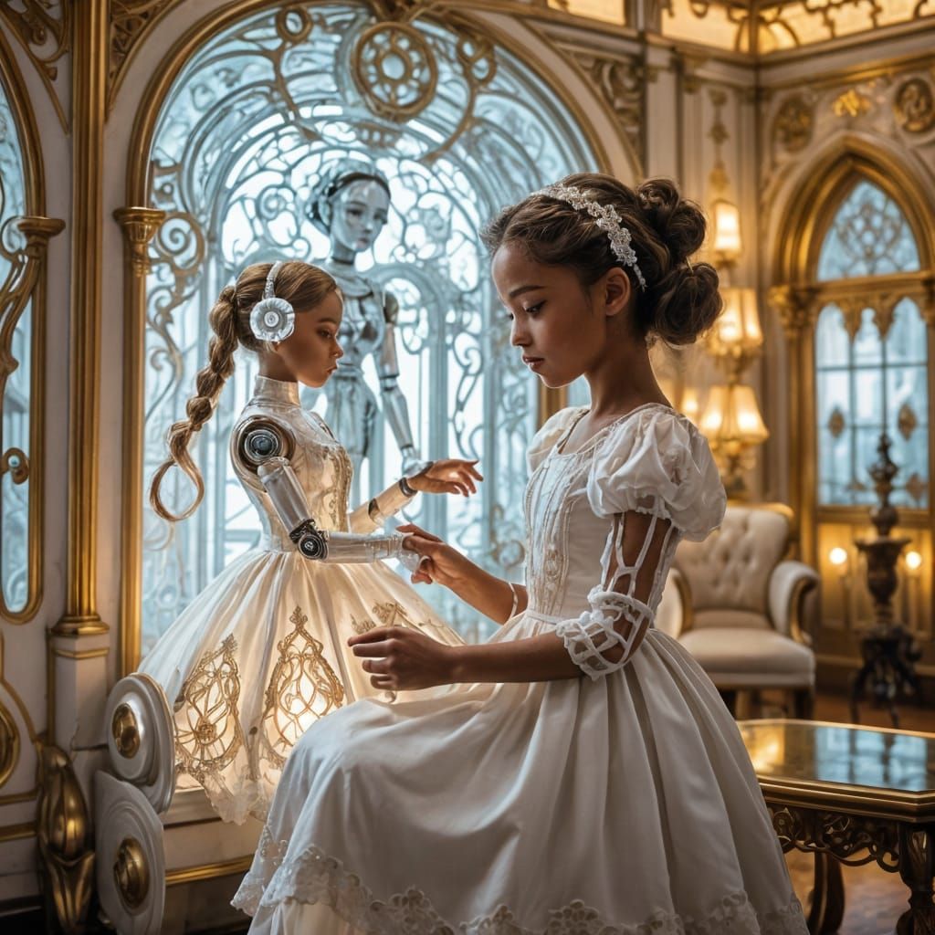 Girl and Robot Doll in Art Nouveau Room