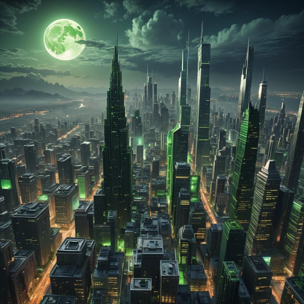 Cityscape with Green Moon, Detailed Matte Painting