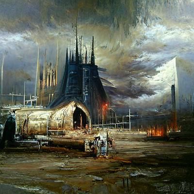 Post-Apocalyptic Cathedral with Evil Priest in Oil Paint