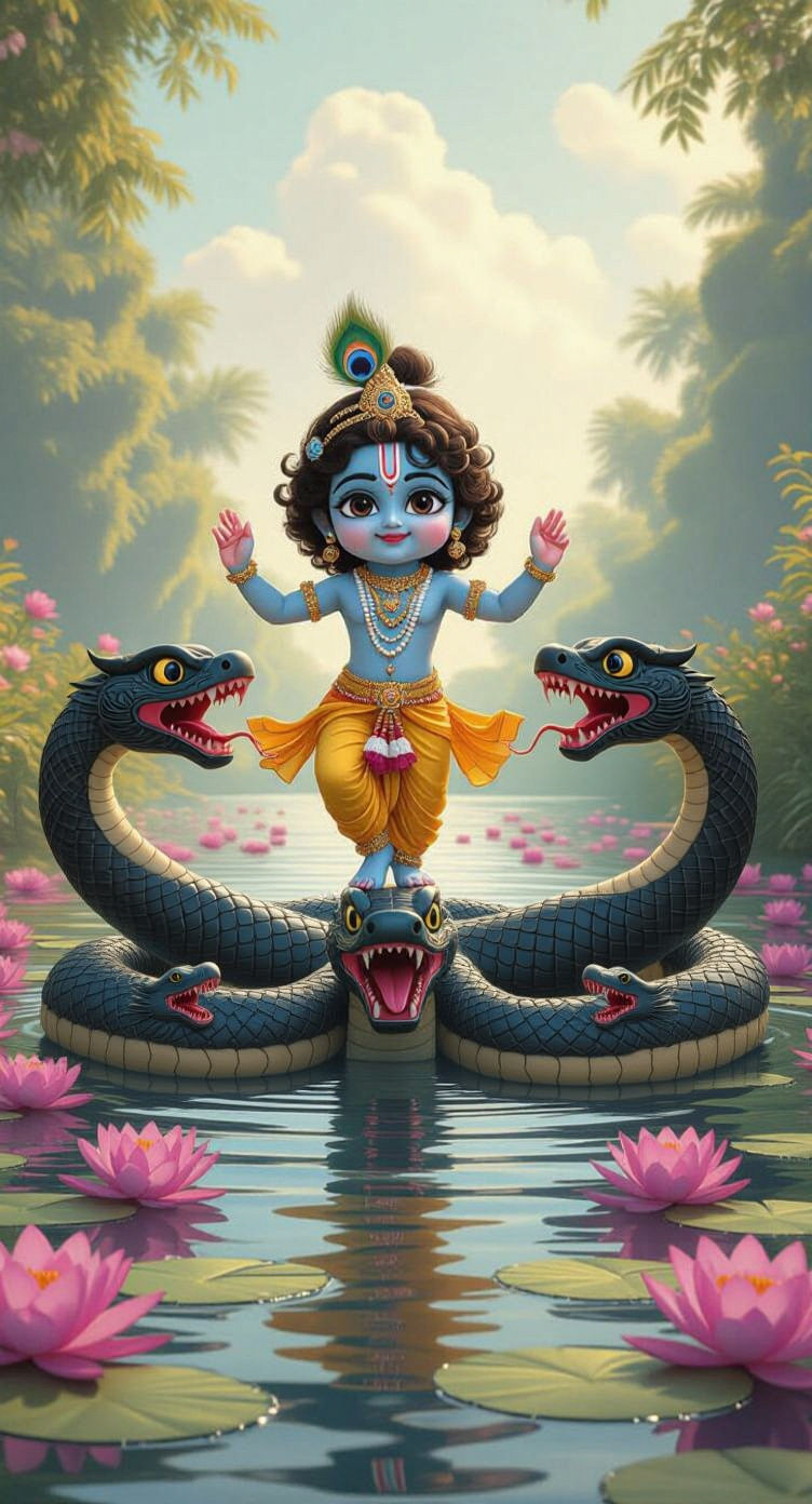 Krishna Dancing on Kaliya in Mythological Setting