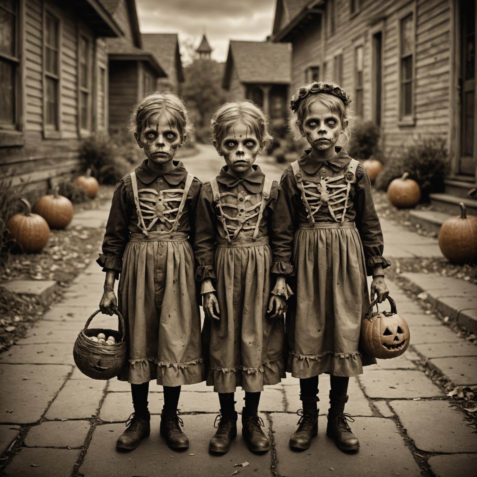 Deformed Zombie Children Trick-or-Treating in Sepia Vintage ...