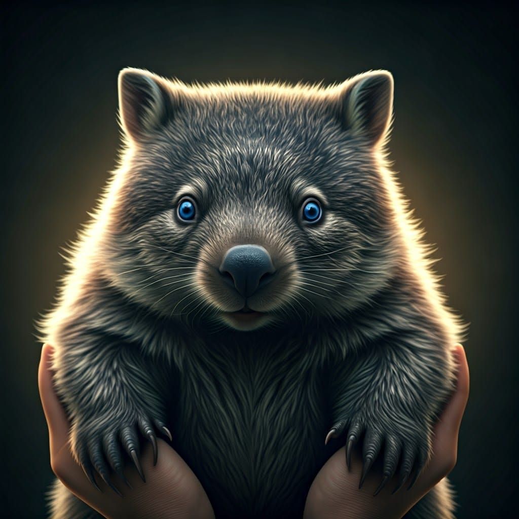 Wombat in Palm: Hyperrealistic Cinema-Style Image