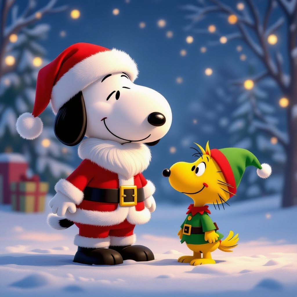 Snoopy as Santa with Woodstock as Elf in Pixar Style
