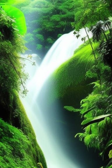 Tropical Paradise with Waterfalls and Heavenly Sky