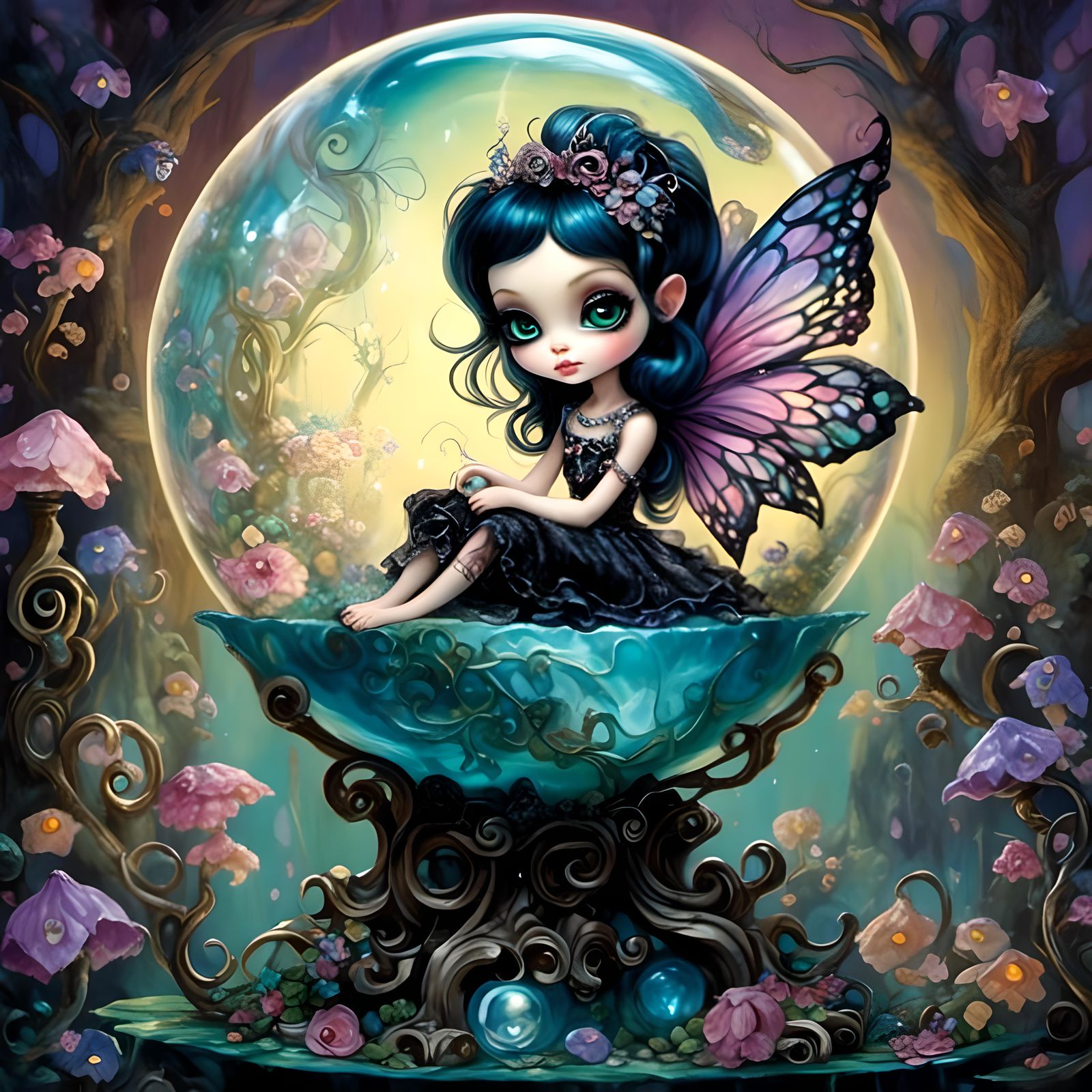 Dark Fairy on Crystal Globe with Village