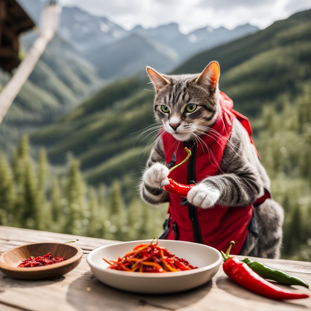 Hiking Cat Enjoys Spicy Chili Pepper