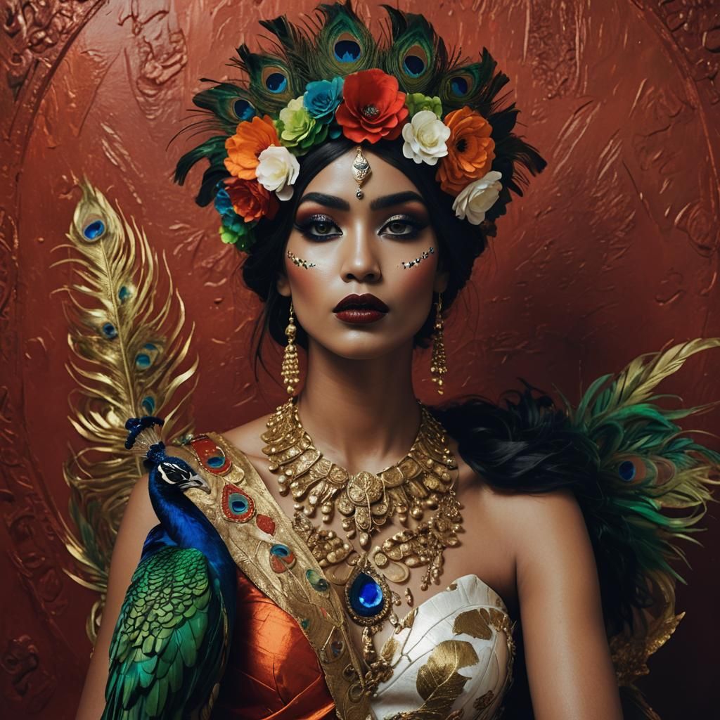 Golden Woman with Peacock Feathers, Alphonse Mucha Style