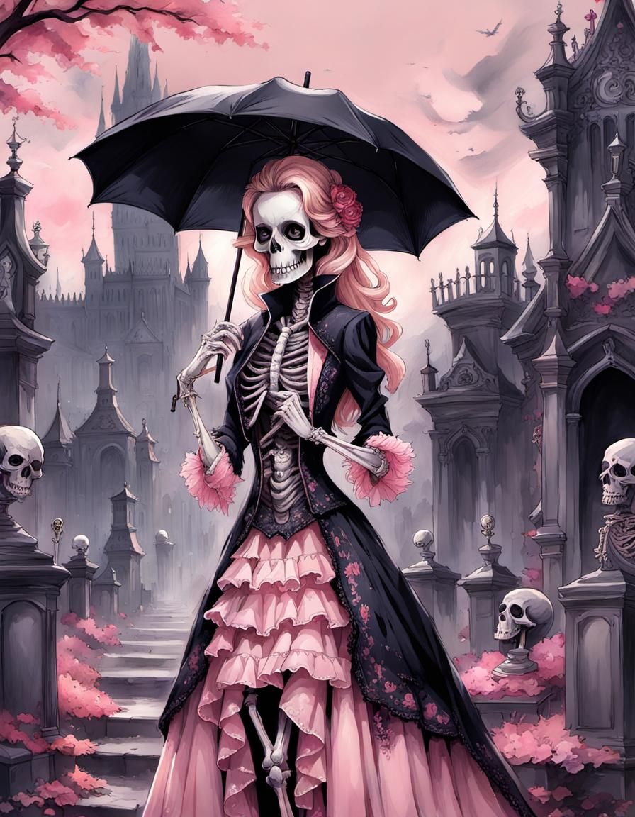 Grimdark Skeleton Girl in Rococo Dress Illustration