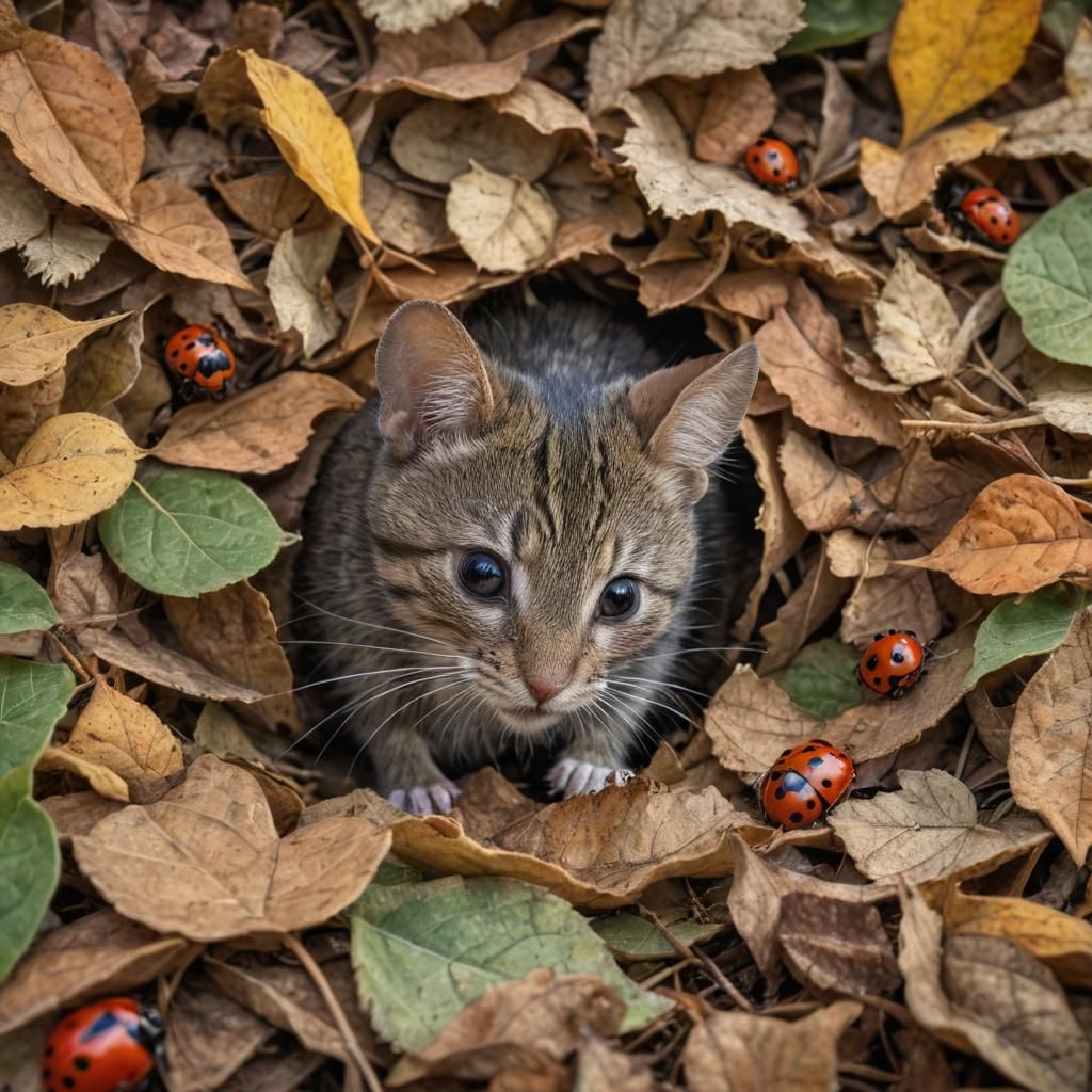 Mouse, Cat, and Autumn Leaves in Hyperrealistic Style