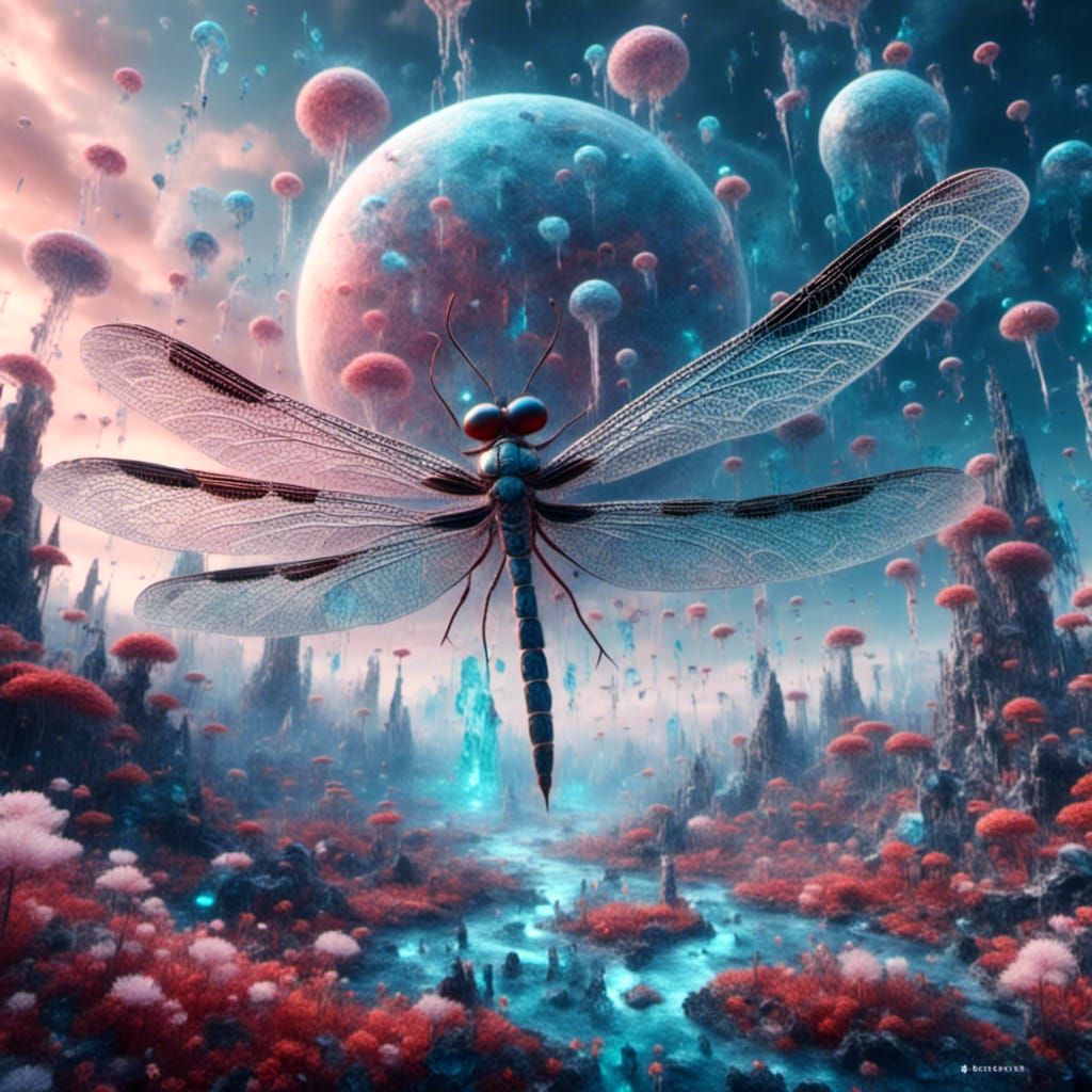 A large dragonfly flying in the sky over an alien landscape