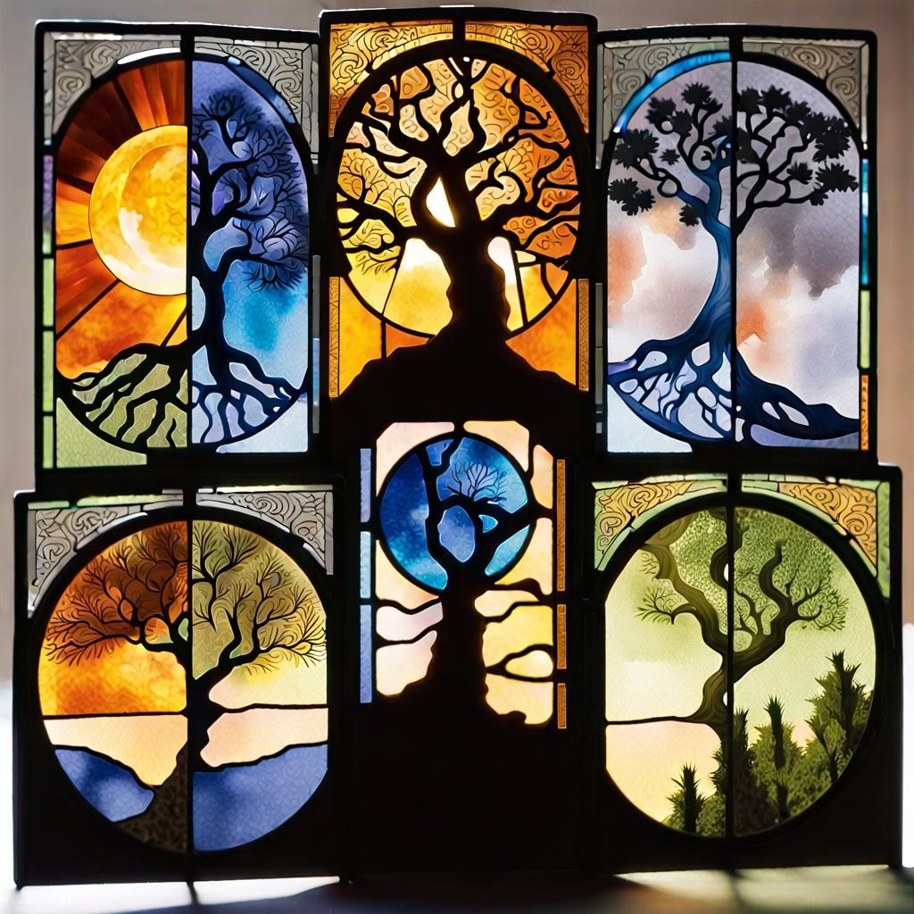 Creepy Tree with Crimson Leaves in Watercolor Style