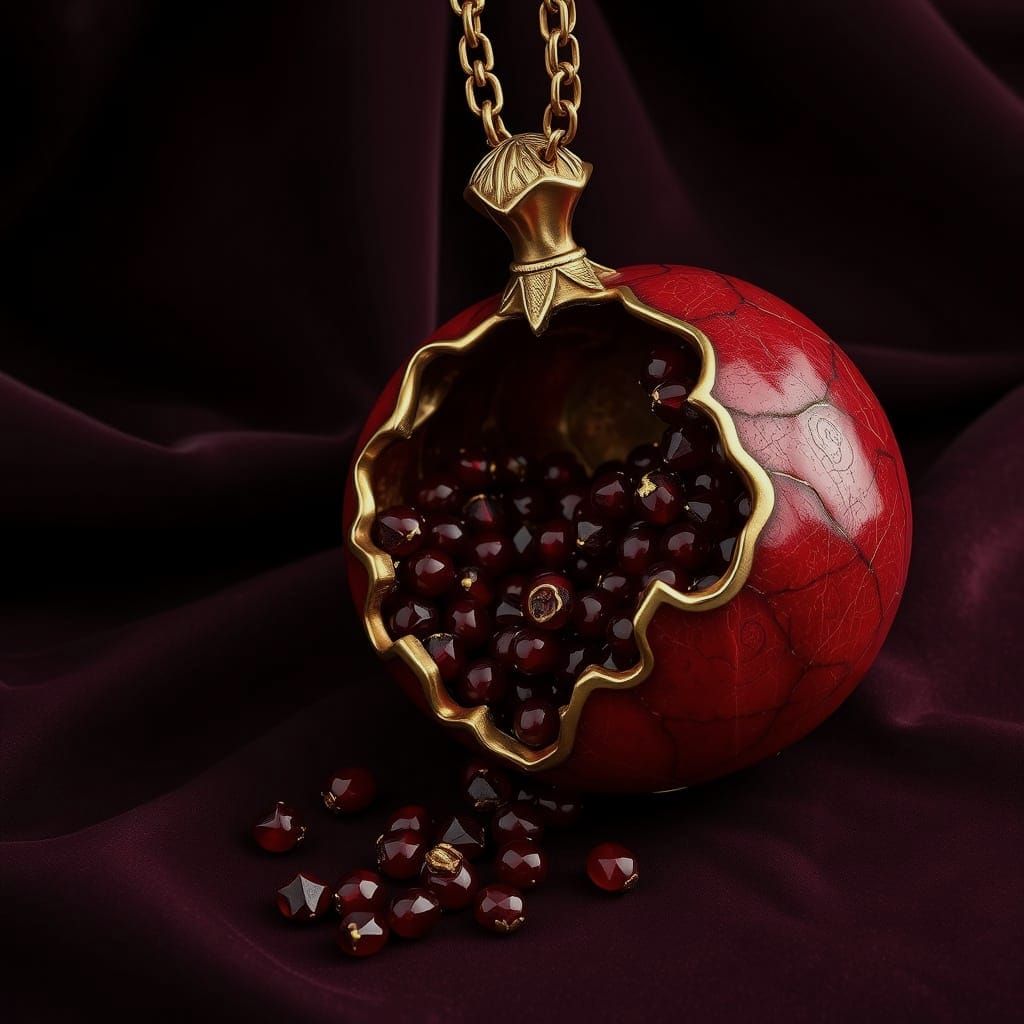 Elegant Gold Pomegranate Pendant with Red Enamel and Kentsug...