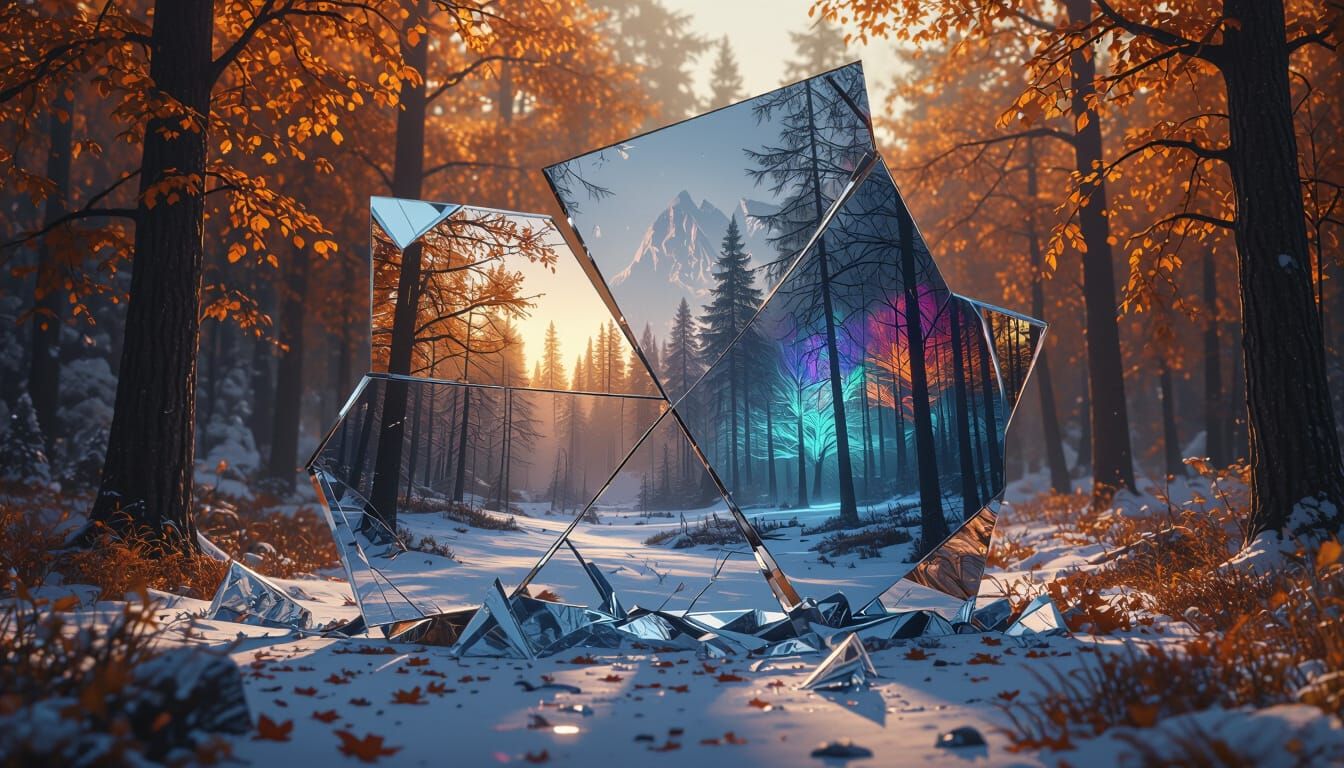 Giant Mirror Reflects Autumn Forest Across Time Eras