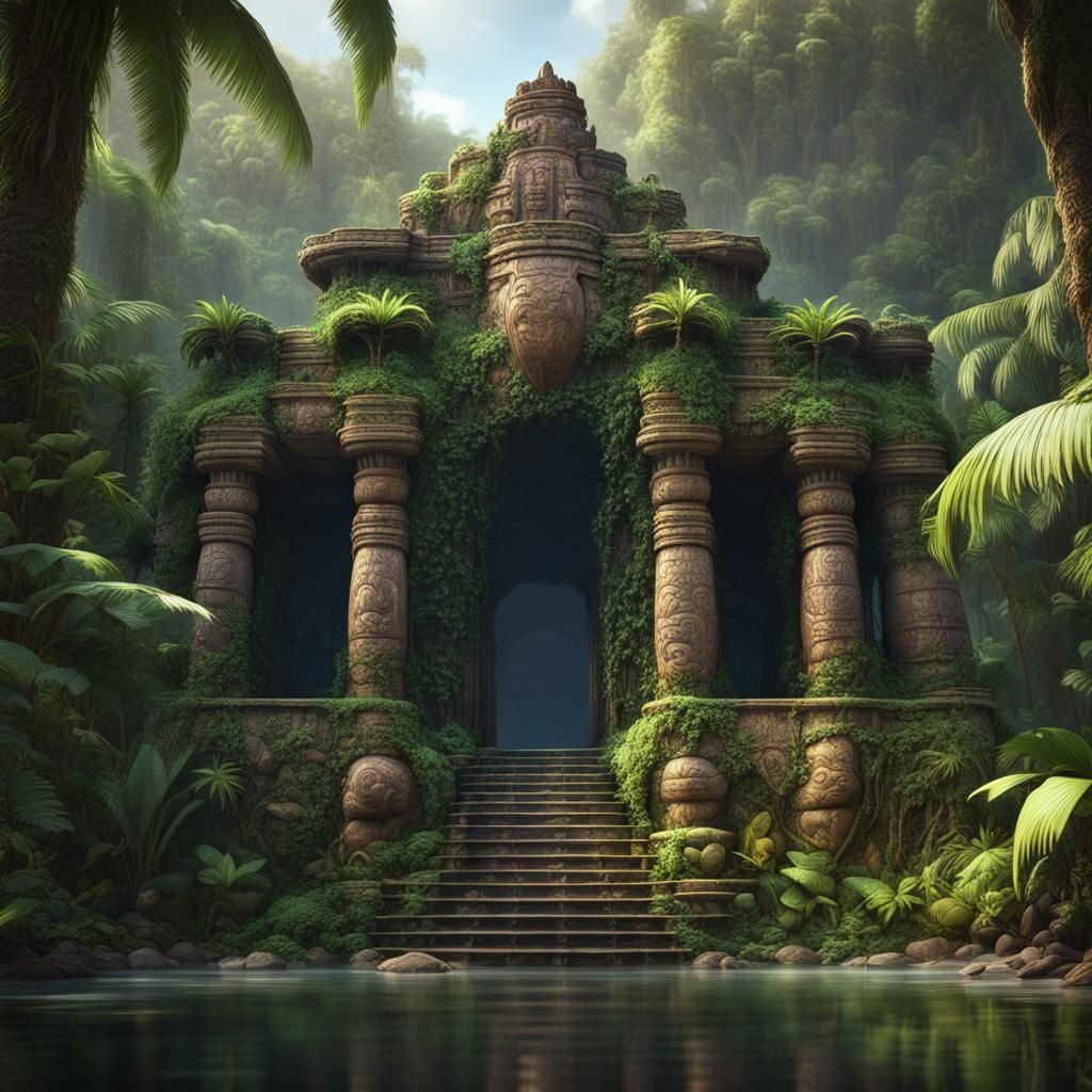 Stone Shell Temple in Tropical Jungle, Matte Painting