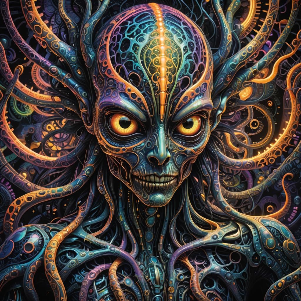 Psychedelic Alien Entity in a Dreamlike Sci-Fi Landscape