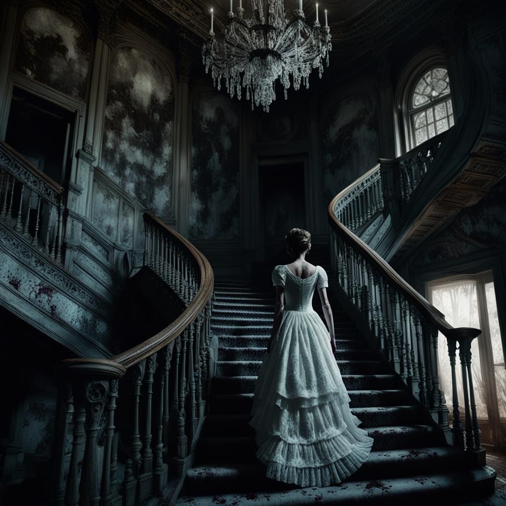 Eerie Victorian Mansion with Ghostly Figure