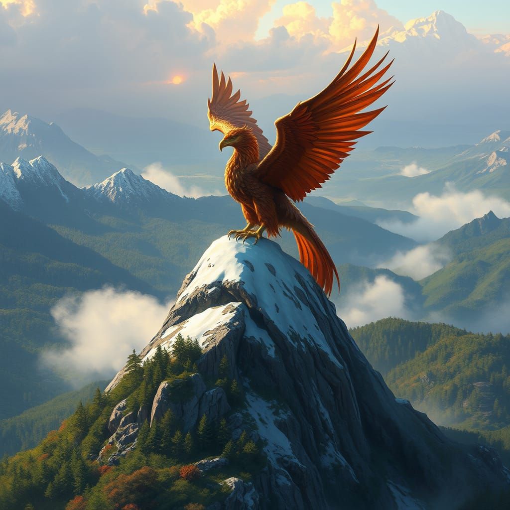 Griffin Perched on Mountain Peak at Sunset